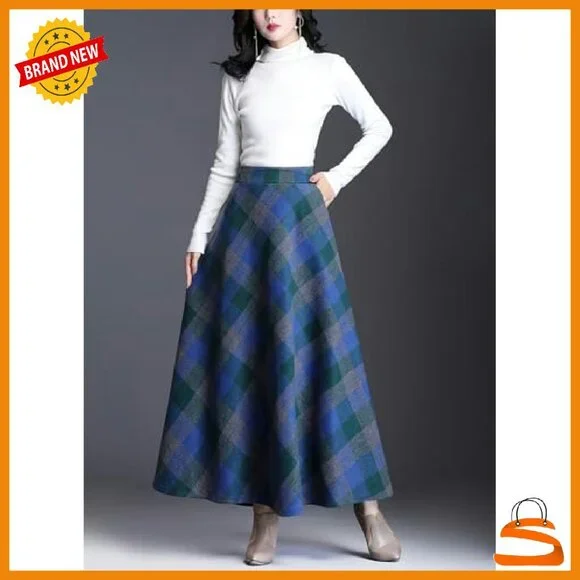 Wool Plaid Maxi Skirt High Waist A-Line Pleated with Pockets - Picture 3 of 6